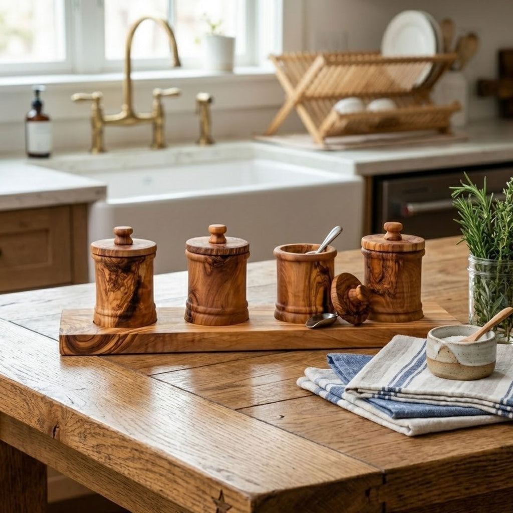Premium Olive Wood Canister Set with Carved Storage Base - Elegant Countertop Kitchen Organizers for