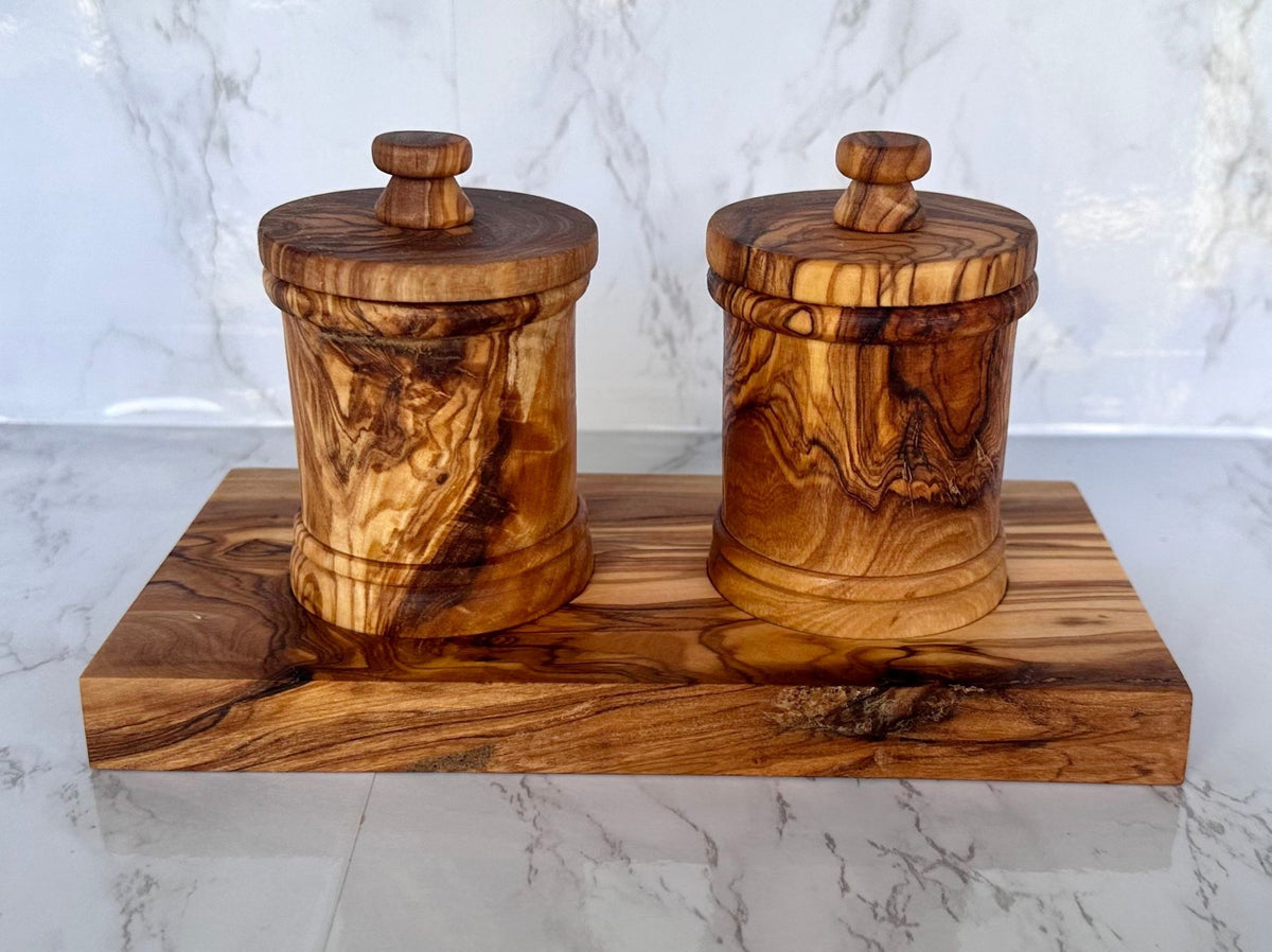Premium Olive Wood Canister Set with Carved Storage Base - Elegant Countertop Kitchen Organizers for