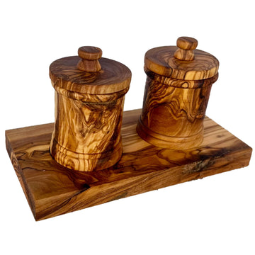 Premium Olive Wood Canister Set with Carved Storage Base - Elegant Countertop Kitchen Organizers for