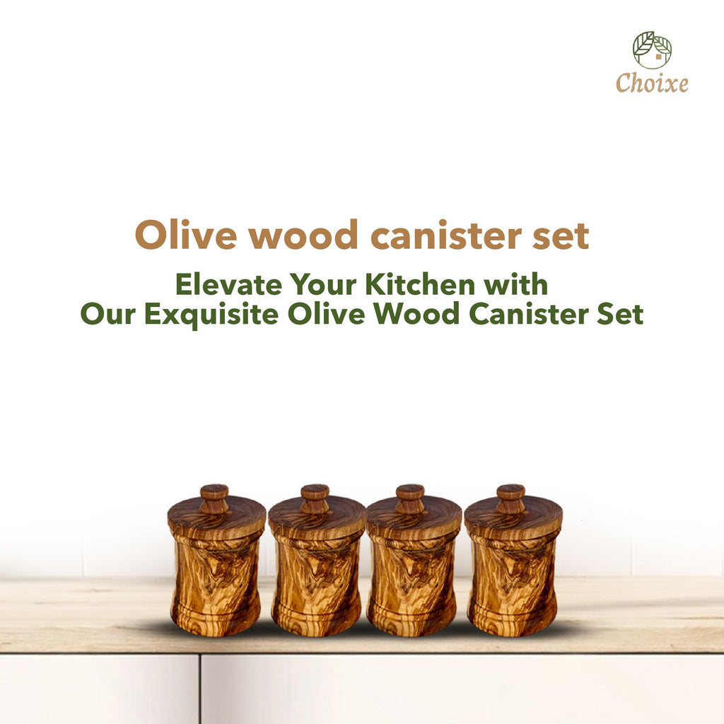 Premium Olive Wood Canister Set with Carved Storage Base - Elegant Countertop Kitchen Organizers for