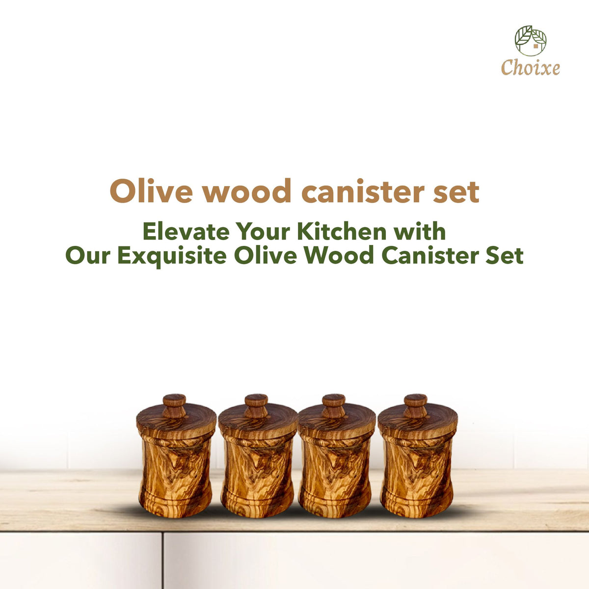 Premium Olive Wood Canister Set with Carved Storage Base - Elegant Countertop Kitchen Organizers for