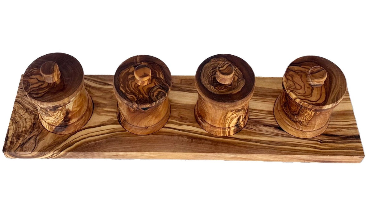 Premium Olive Wood Canister Set with Carved Storage Base - Elegant Countertop Kitchen Organizers for