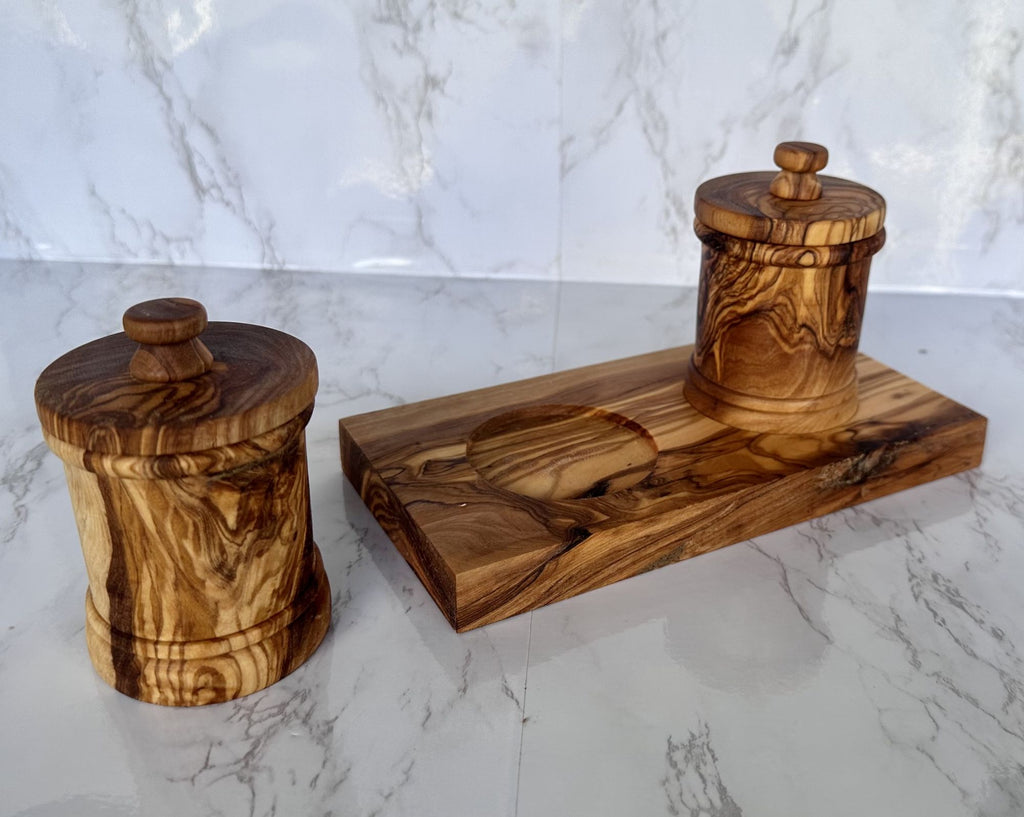 Premium Olive Wood Canister Set with Carved Storage Base - Elegant Countertop Kitchen Organizers for