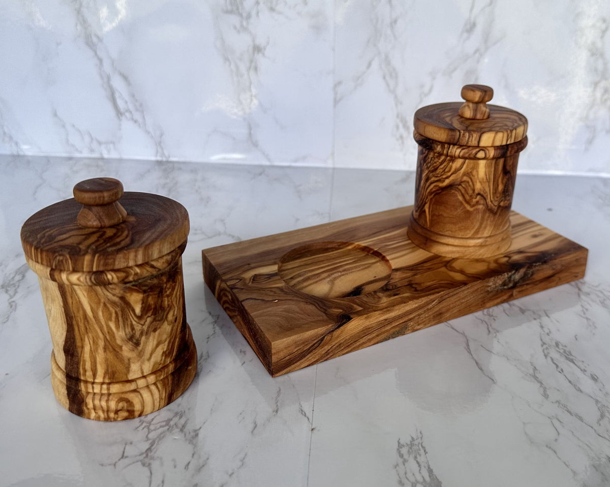 Premium Olive Wood Canister Set with Carved Storage Base - Elegant Countertop Kitchen Organizers for