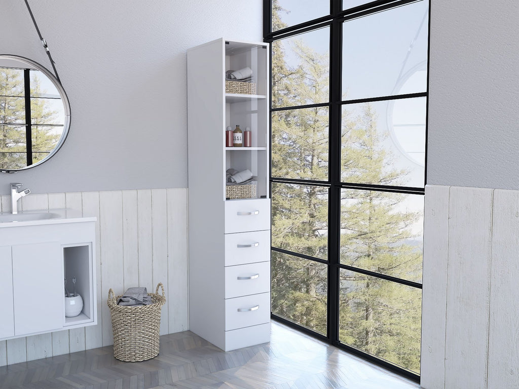 Preston Linen Cabinet – Three Shelves, Three Drawers, Glass Door