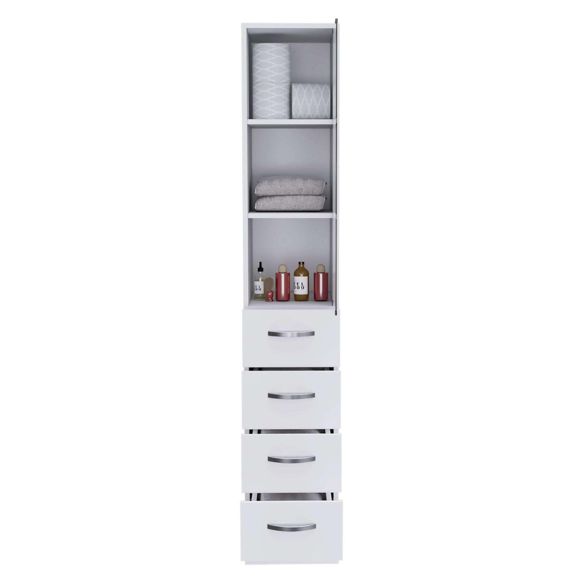 Preston Linen Cabinet – Three Shelves, Three Drawers, Glass Door