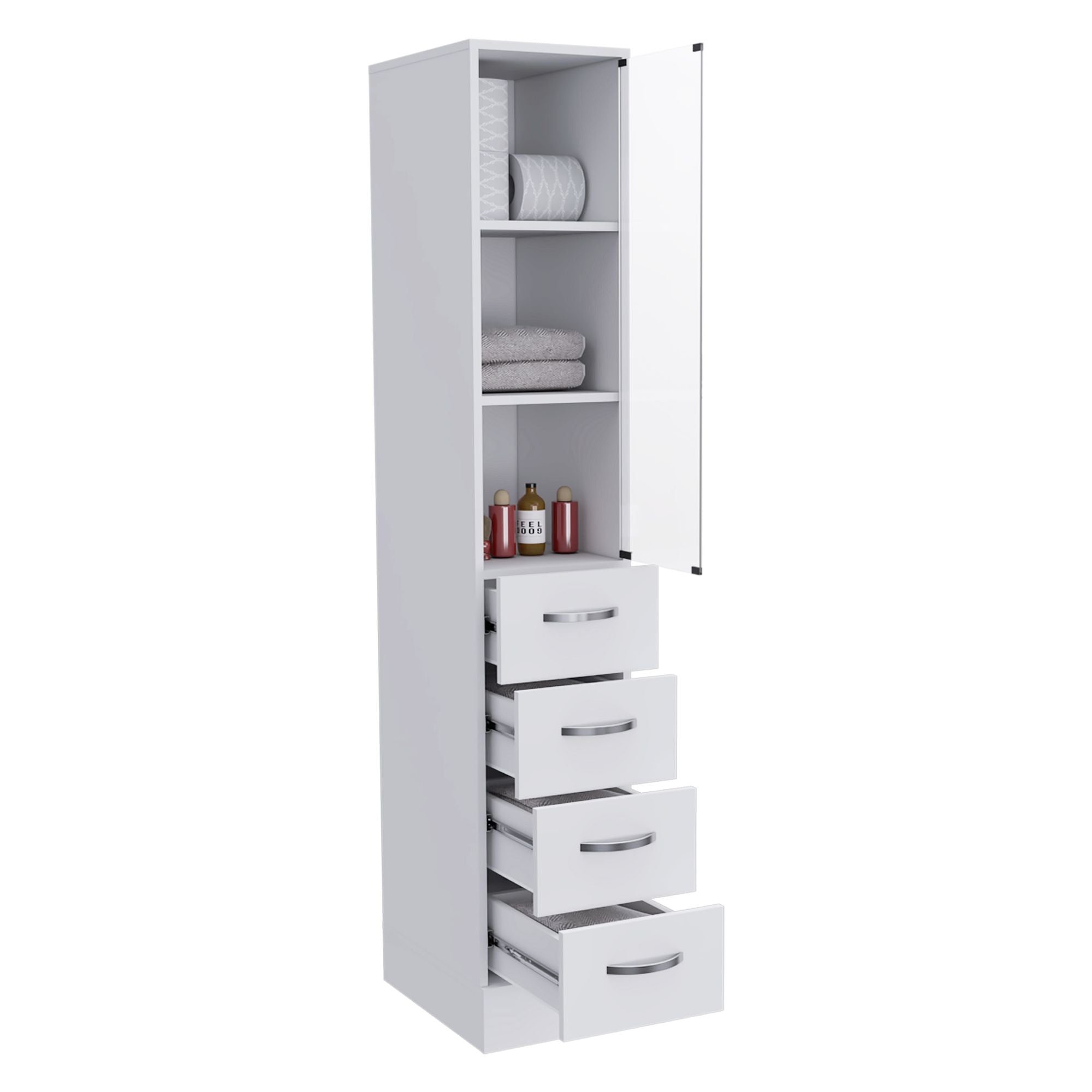 Preston Linen Cabinet – Three Shelves, Three Drawers, Glass Door