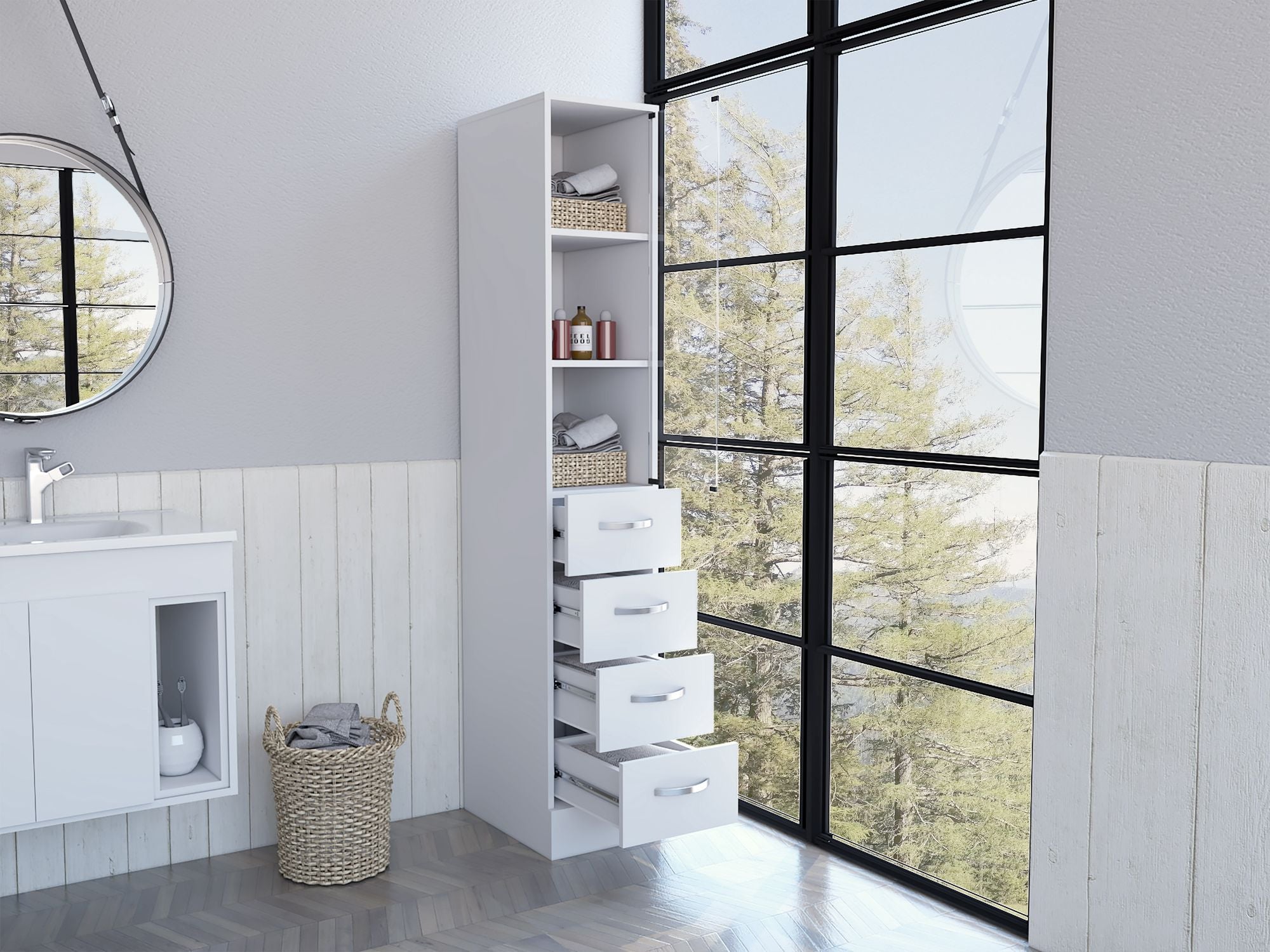Preston Linen Cabinet – Three Shelves, Three Drawers, Glass Door