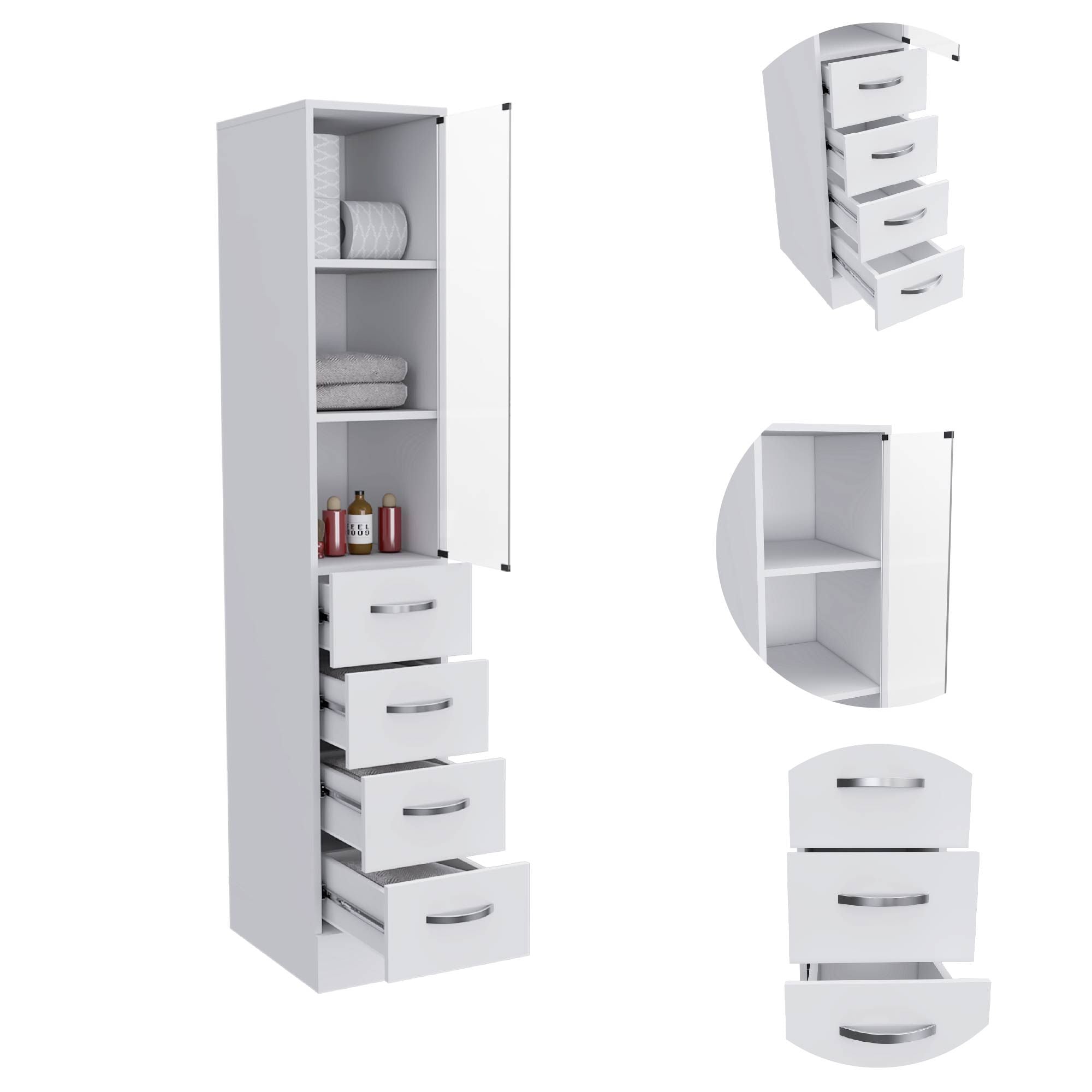 Preston Linen Cabinet – Three Shelves, Three Drawers, Glass Door