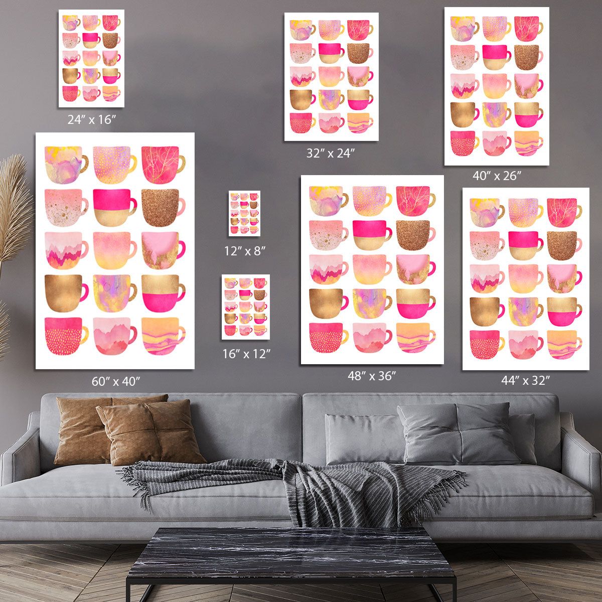 Pretty Pink Coffee Cups Canvas Wall Art