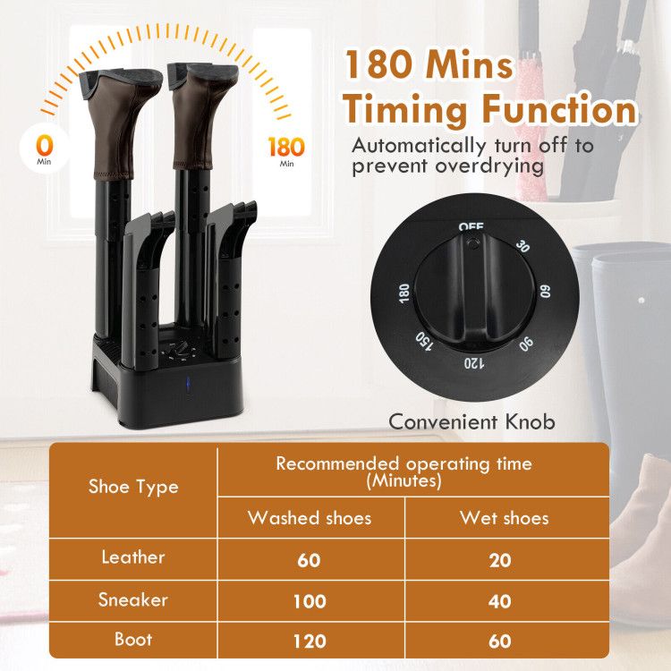 Electric Footwear Dryer with Timer and Detachable Tubes