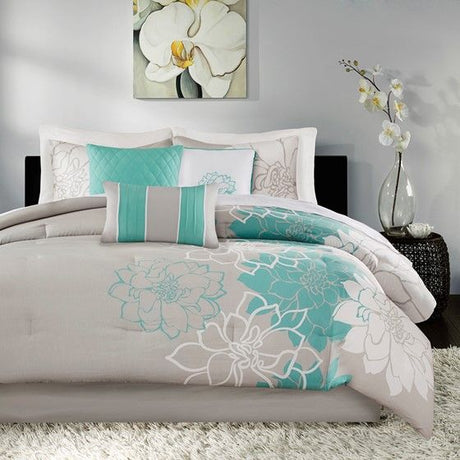 Aqua Floral Comforter Set with Layered Details