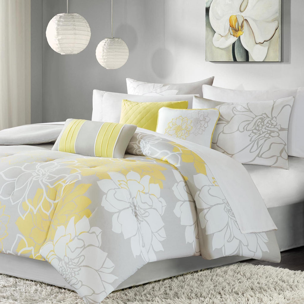 Printed Cotton Sateen Comforter Set with Floral Motif and Decorative Pillows