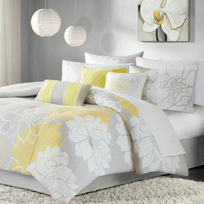 Printed Cotton Sateen Comforter Set with Floral Motif and Decorative Pillows