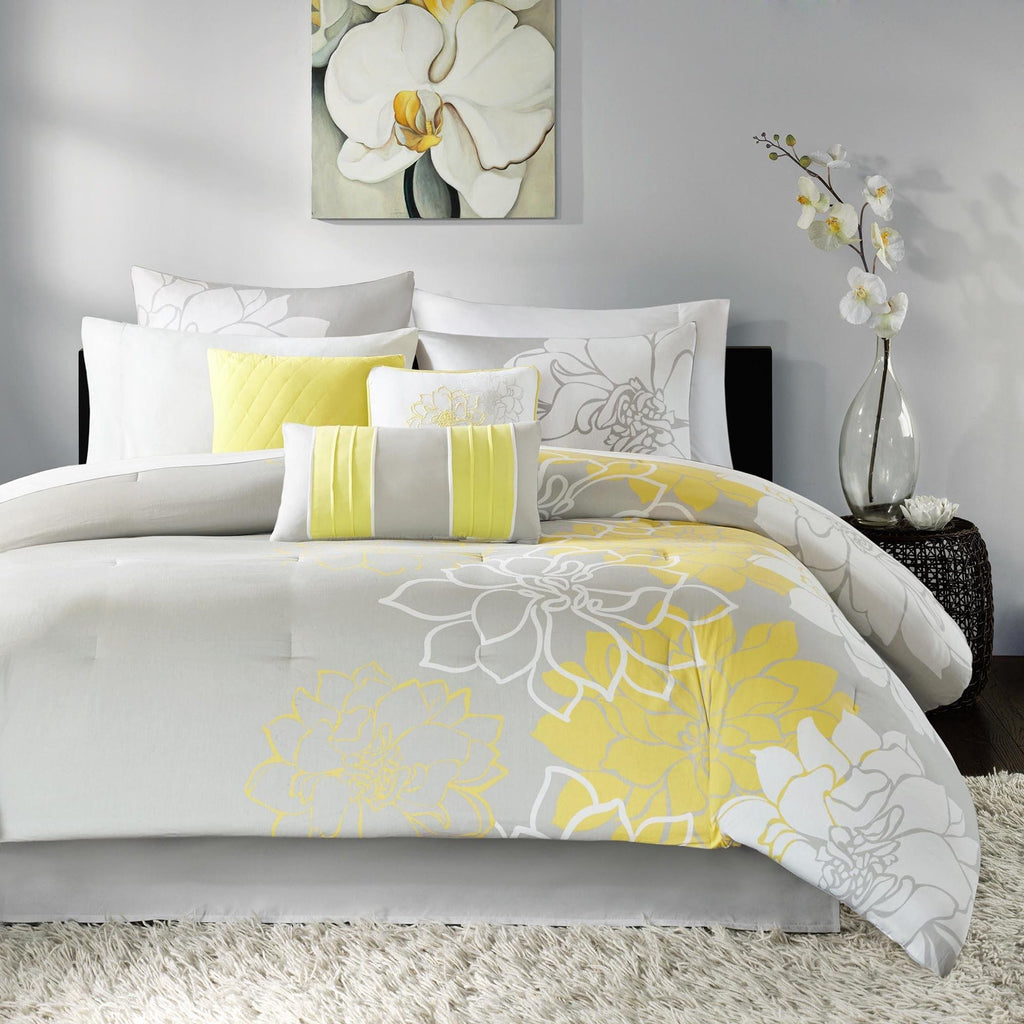 Printed Cotton Sateen Comforter Set with Floral Motif and Decorative Pillows