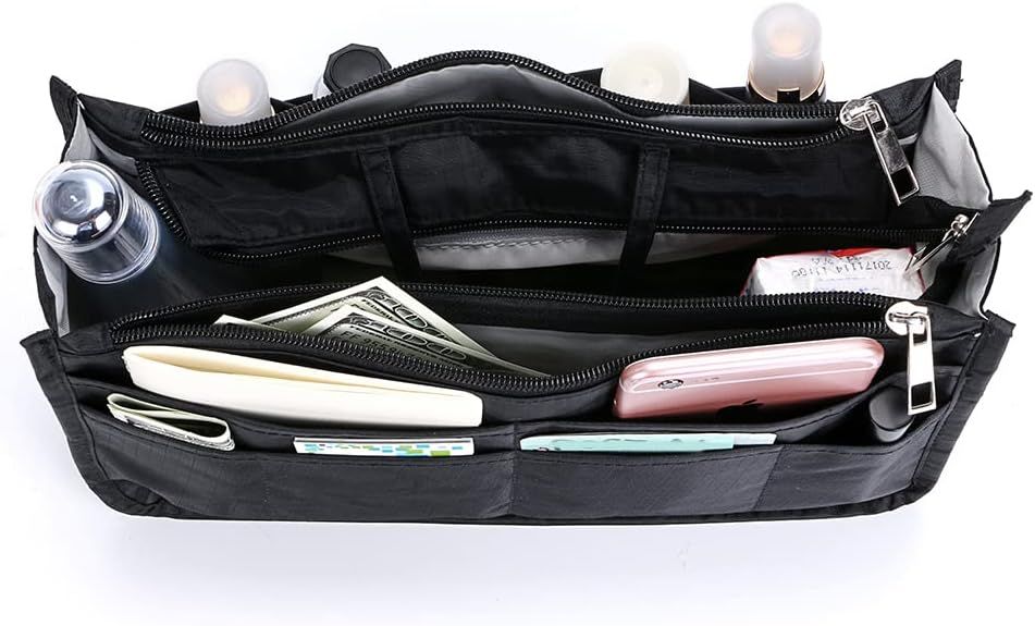 High-Capacity 13-Pocket Purse Organizer with Handle – Black