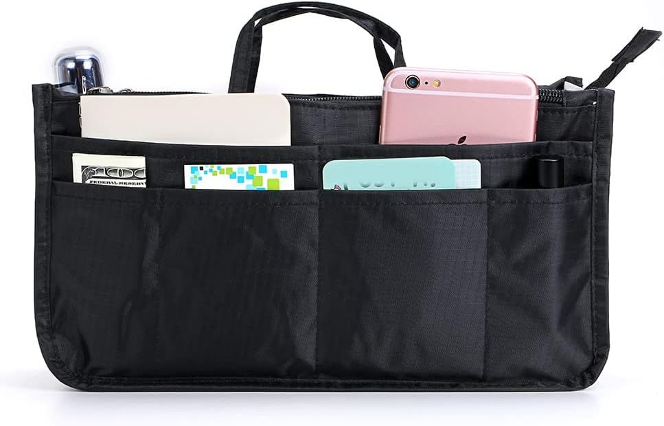 High-Capacity 13-Pocket Purse Organizer with Handle – Black