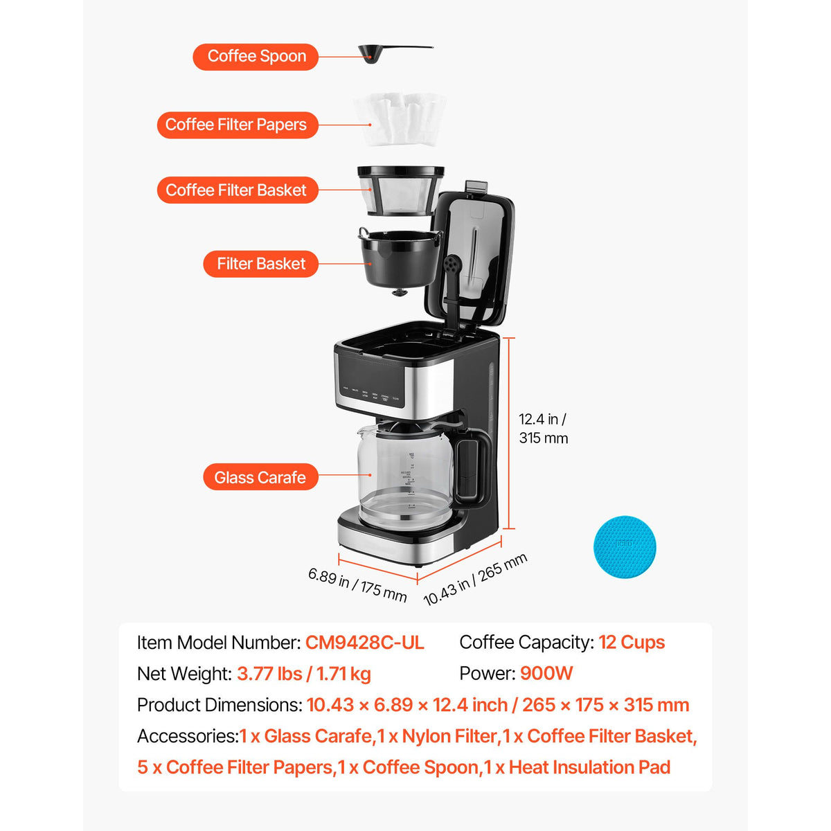 Touch Screen Programmable Coffee Maker with 12-Cup Capacity and 4-Hour Keep Warm