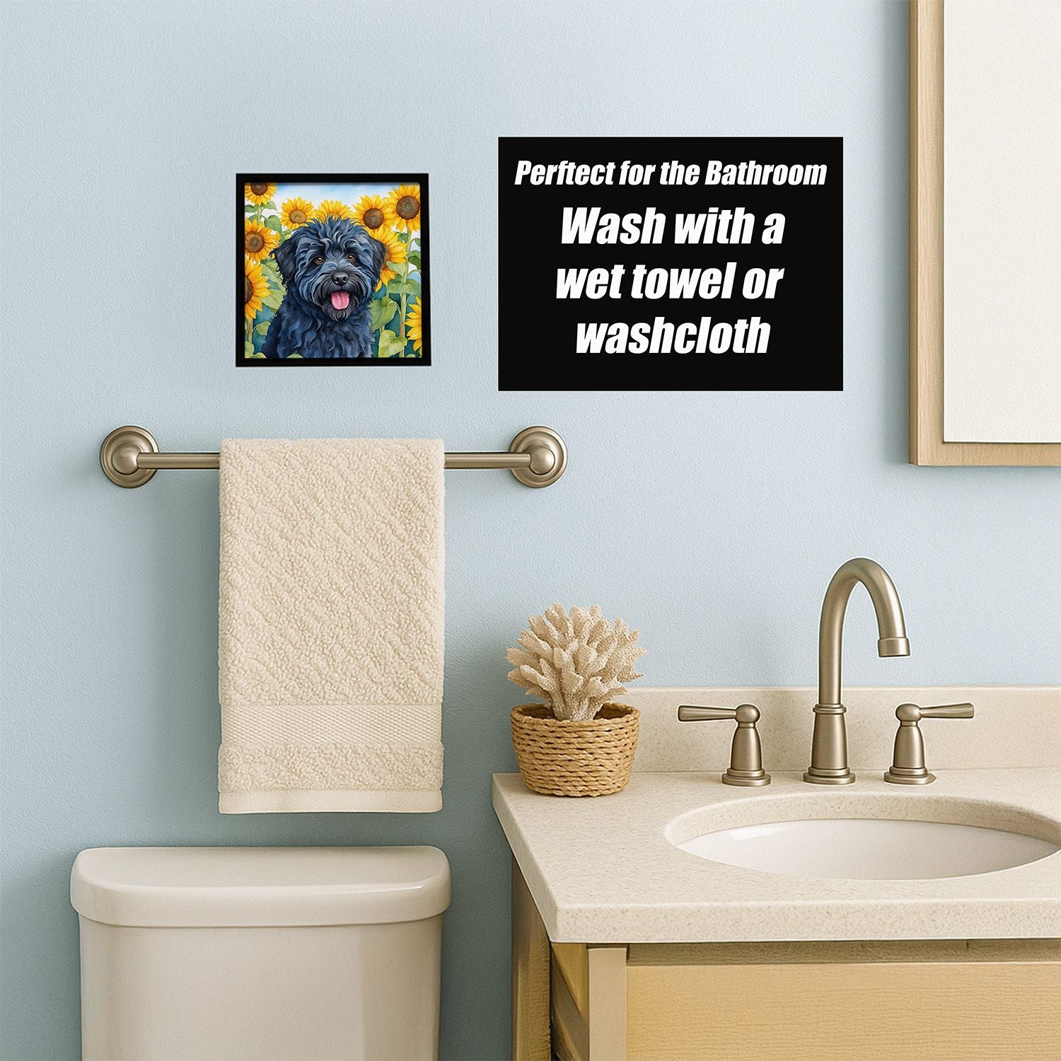 Puli in Sunflowers Framed Metal Print – Modern Wall Art
