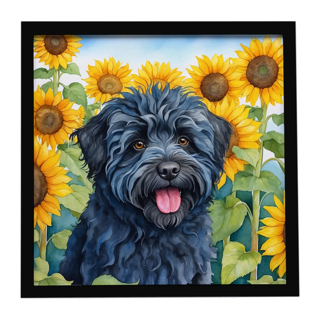 Puli in Sunflowers Framed Metal Print – Modern Wall Art