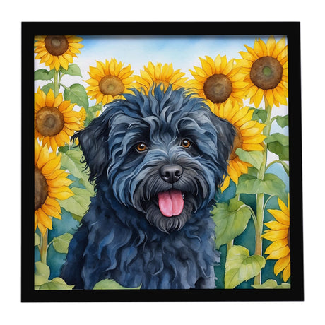Puli in Sunflowers Framed Metal Print – Modern Wall Art