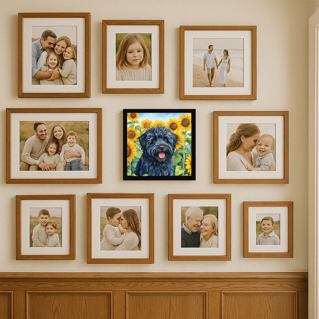 Puli in Sunflowers Framed Metal Print – Modern Wall Art