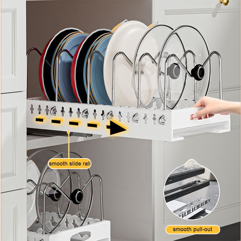 Adjustable Pull-Out Pots and Pans Lid Draining Rack with Tray