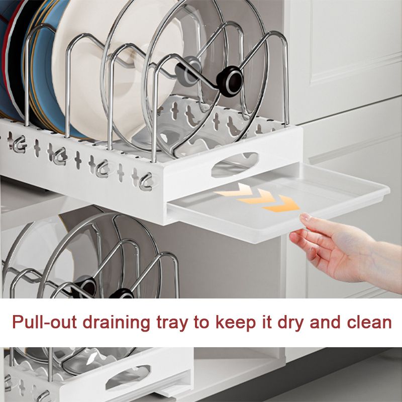 Adjustable Pull-Out Pots and Pans Lid Draining Rack with Tray
