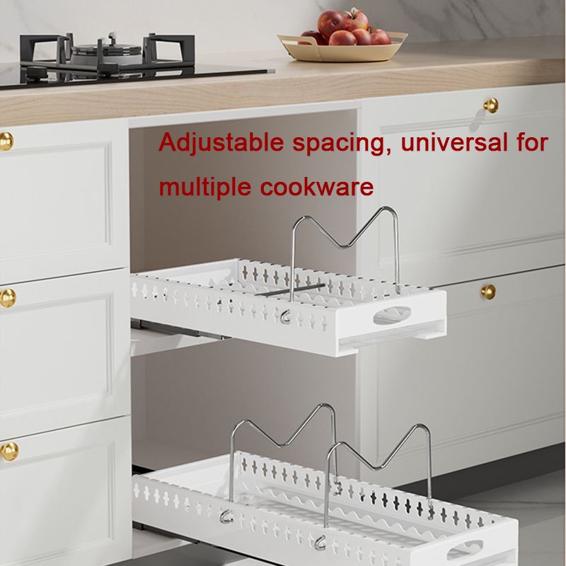 Adjustable Pull-Out Pots and Pans Lid Draining Rack with Tray