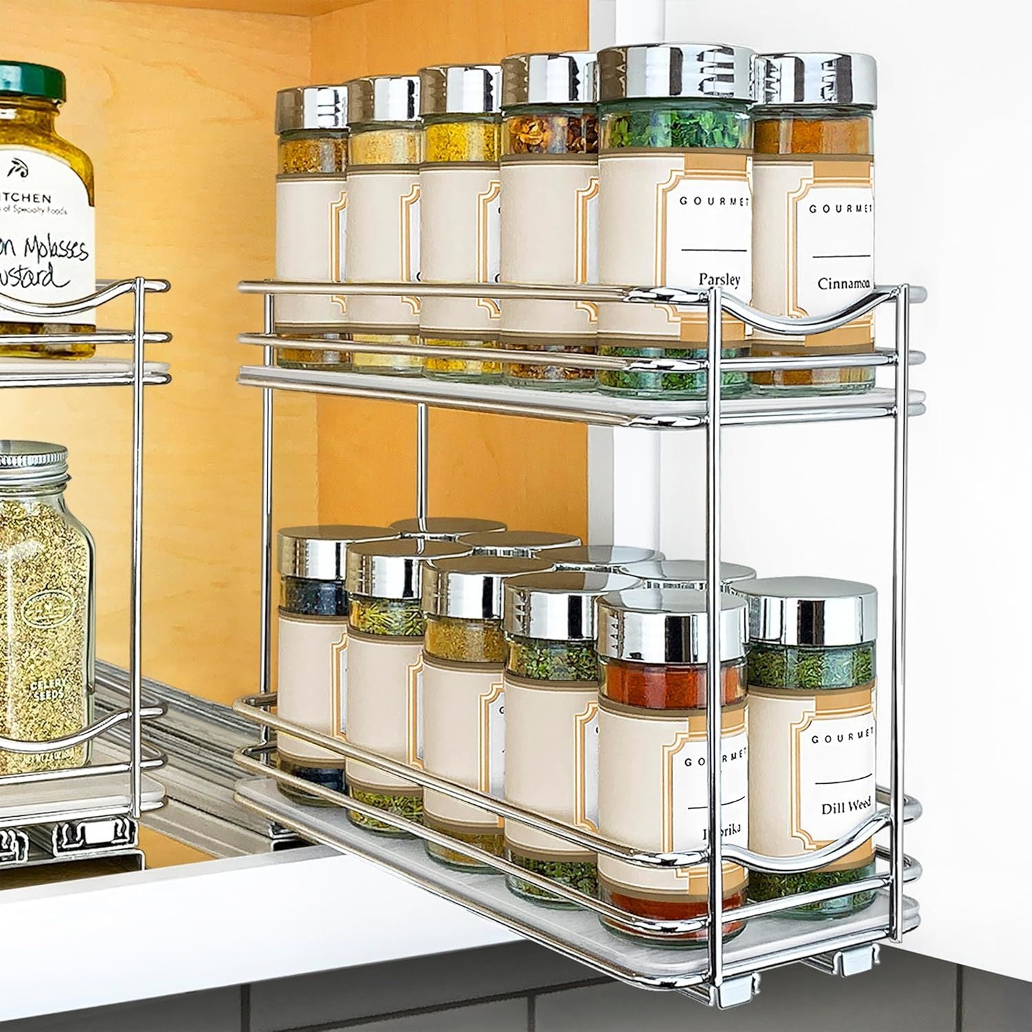 Two-Tier Pull-Out Spice Rack for Kitchen Cabinets