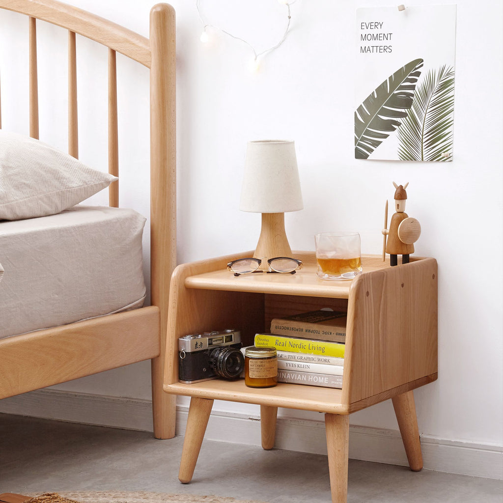 Nordic Bedside Cabinet with Open Storage and Cable Access