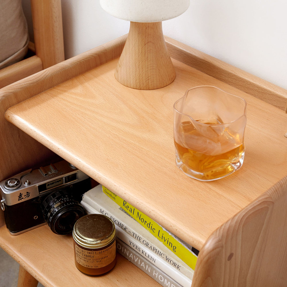 Nordic Bedside Cabinet with Open Storage and Cable Access