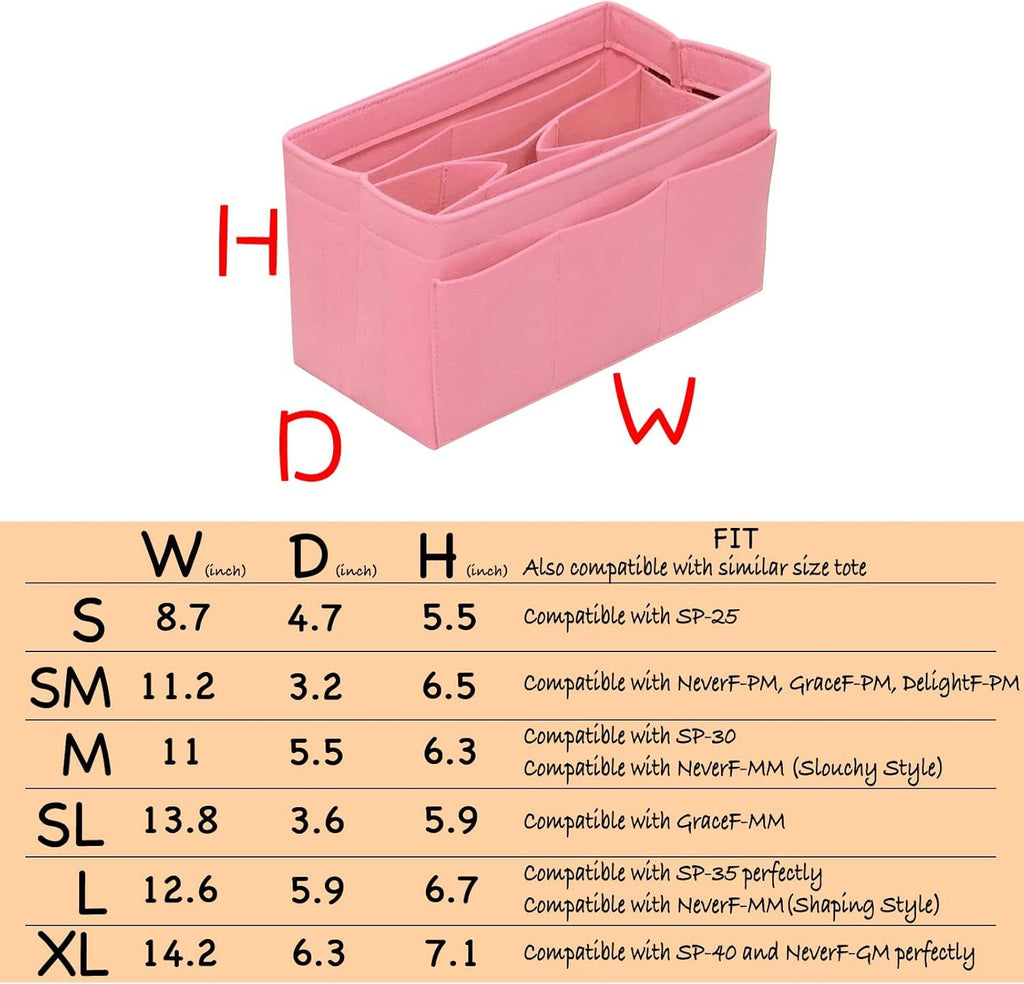 Large Pink Purse Organizer with 14 Pockets for Totes & Handbags