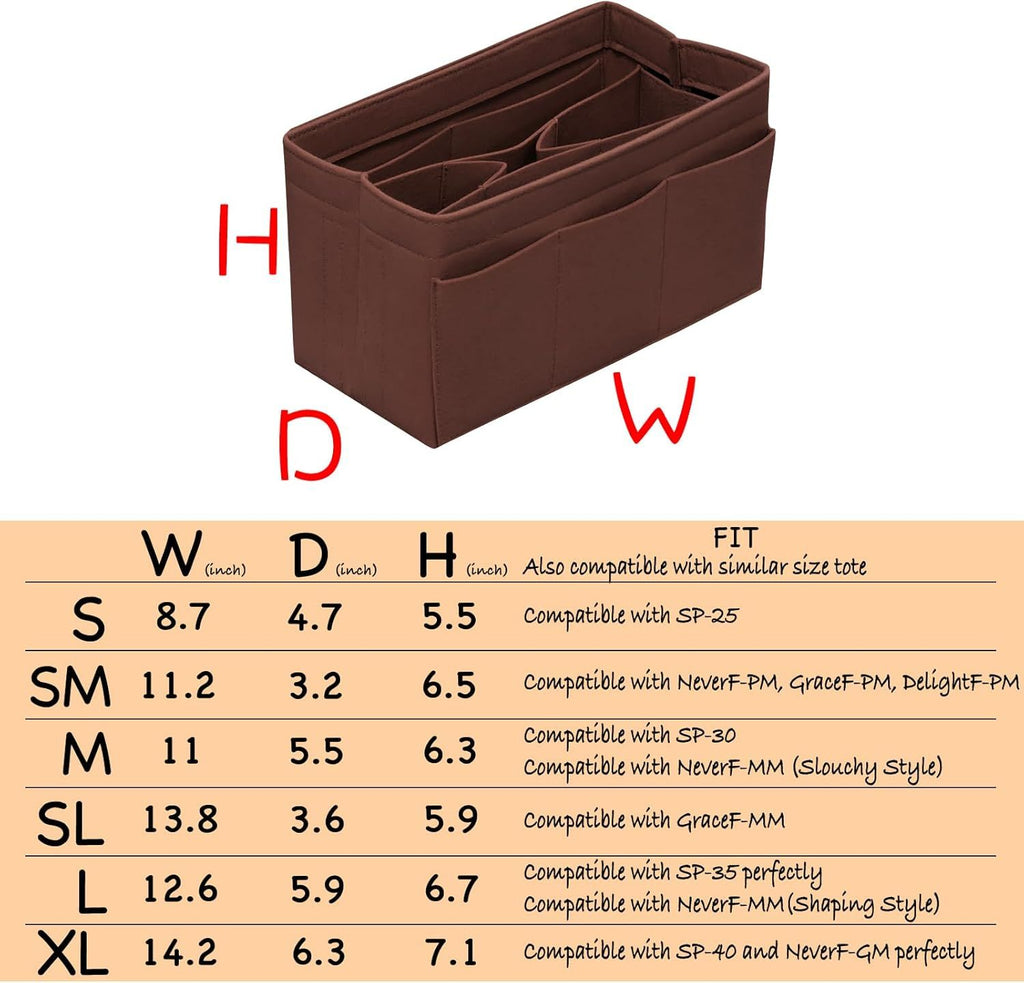 Felt Purse Organizer Insert with 14 Pockets – Large Brown Bag Organizer