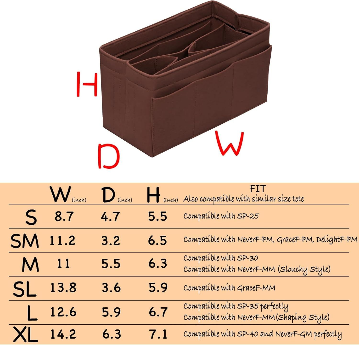 Felt Purse Organizer Insert with 14 Pockets – Large Brown Bag Organizer