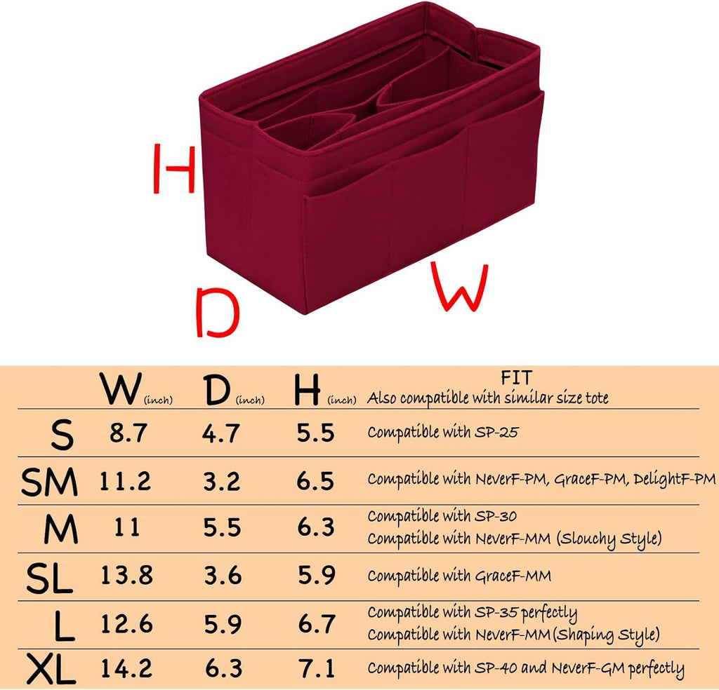 Large Felt Purse Organizer Insert with 14 Pockets – Dark Red