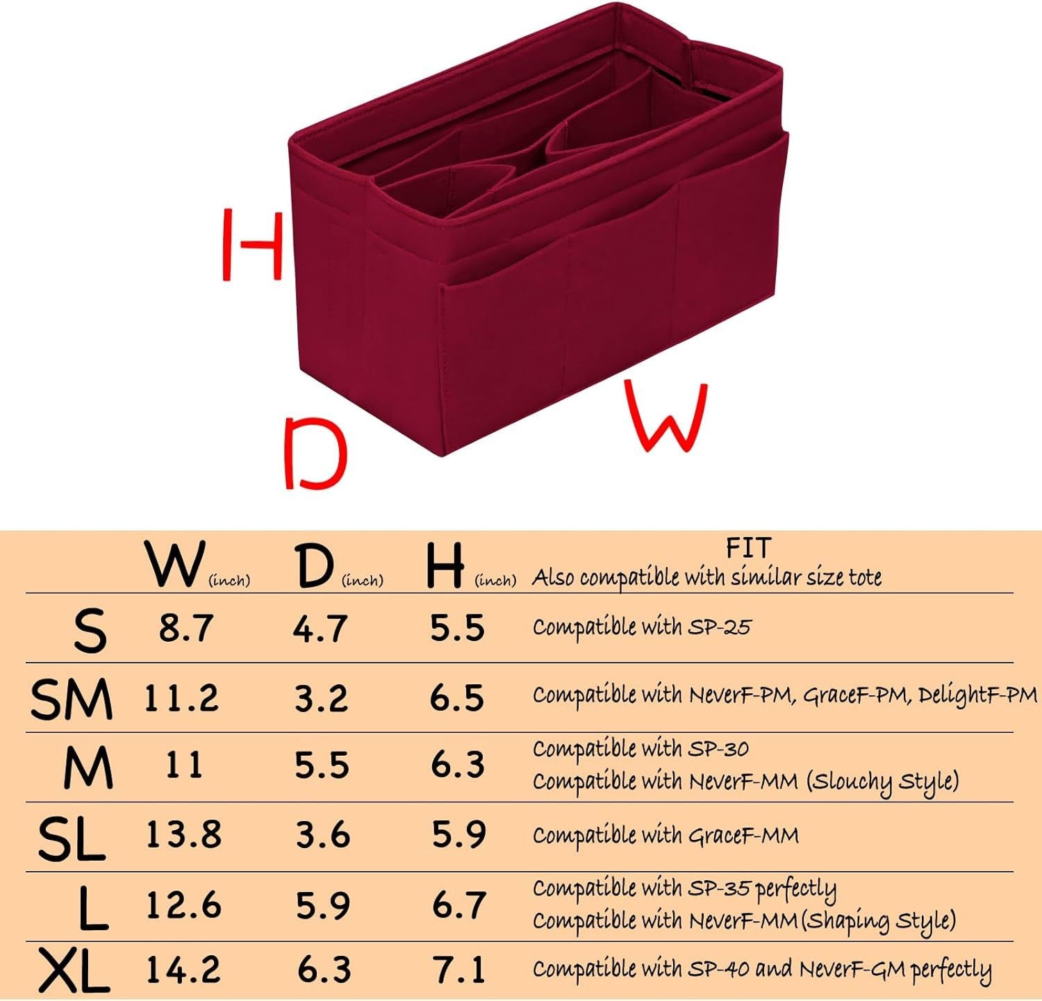 Large Felt Purse Organizer Insert with 14 Pockets – Dark Red