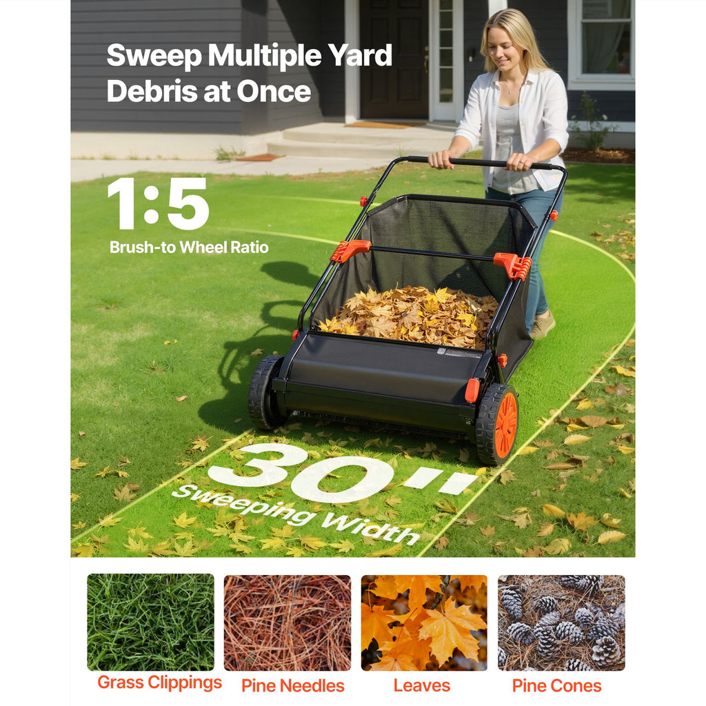 Effortless Lawn Sweeper with V-Shaped Brushes and Adjustable Height