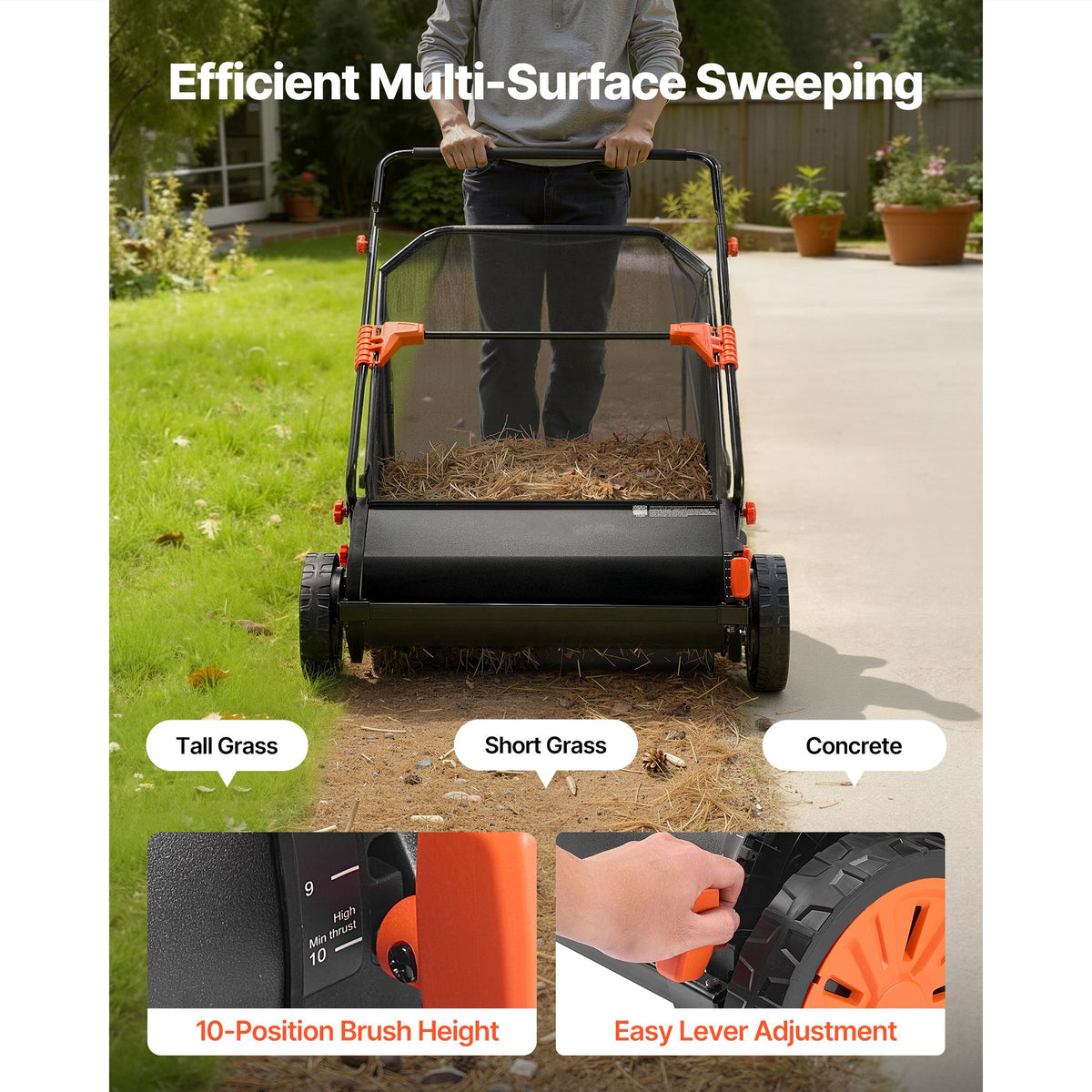Effortless Lawn Sweeper with V-Shaped Brushes and Adjustable Height