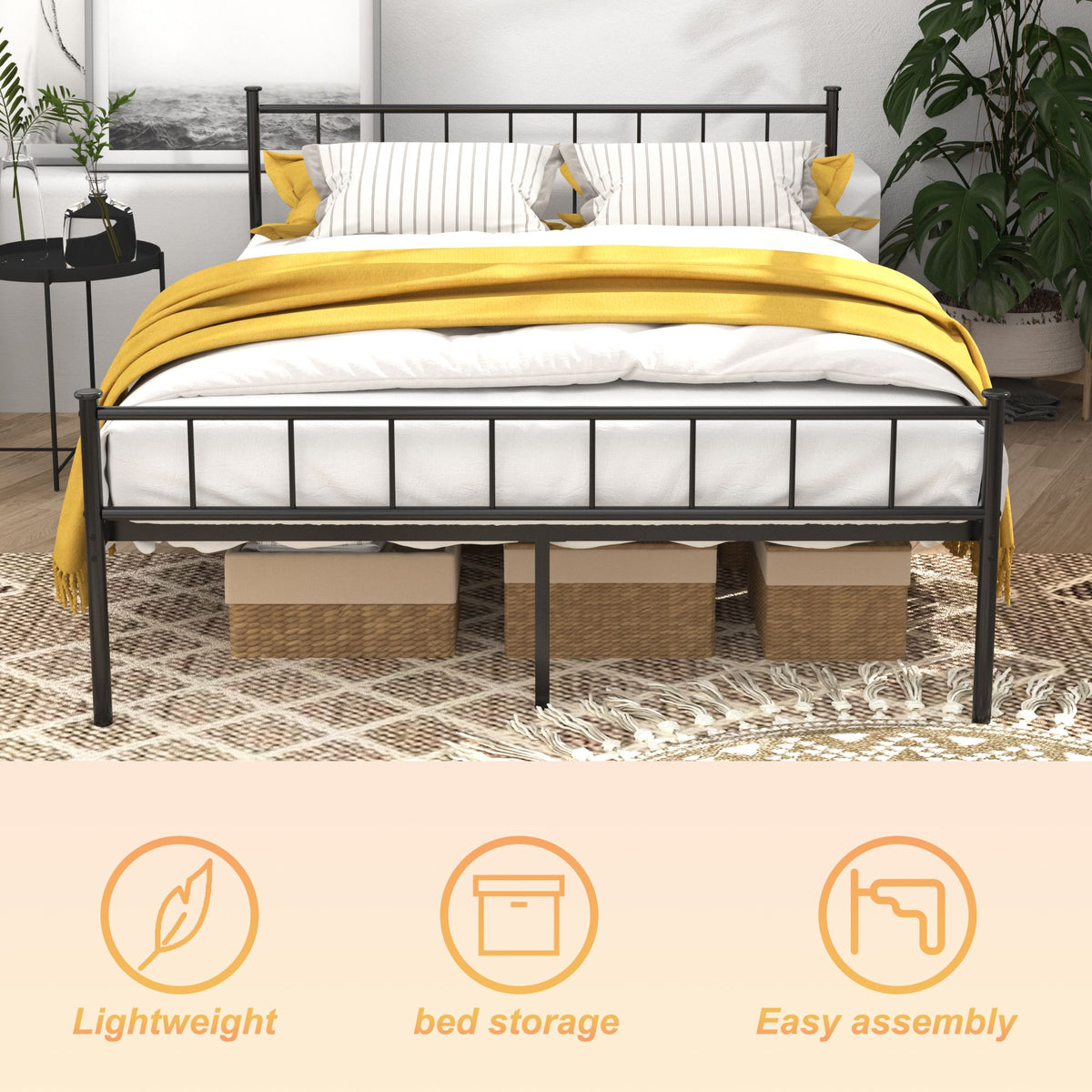 Classic Black Queen Bed Frame with Under-Bed Storage
