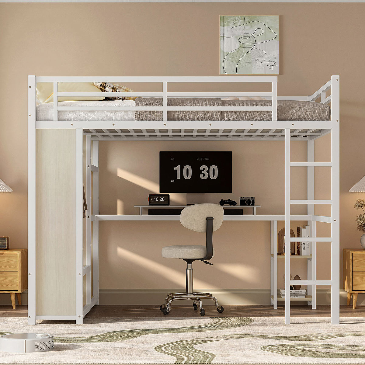 Queen Size Loft Bed with Built-In Wardrobe, Desk, and Storage Shelves