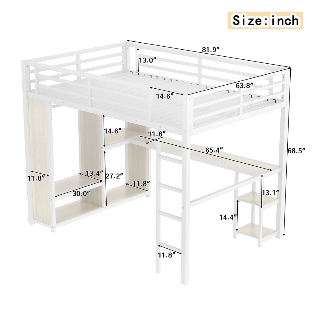 Queen Size Loft Bed with Built-In Wardrobe, Desk, and Storage Shelves