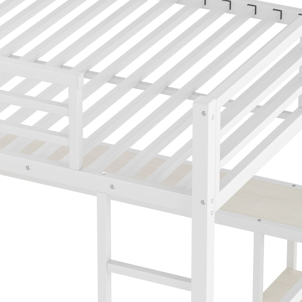 Queen Size Loft Bed with Built-In Wardrobe, Desk, and Storage Shelves