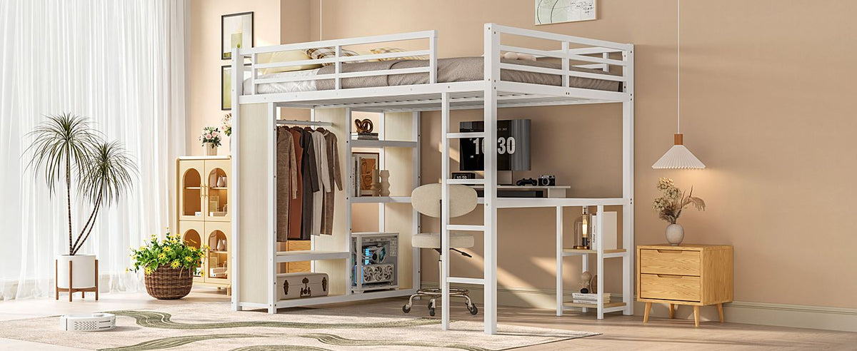 Queen Size Loft Bed with Built-In Wardrobe, Desk, and Storage Shelves