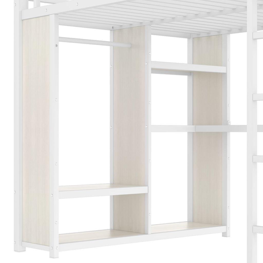 Queen Size Loft Bed with Built-In Wardrobe, Desk, and Storage Shelves