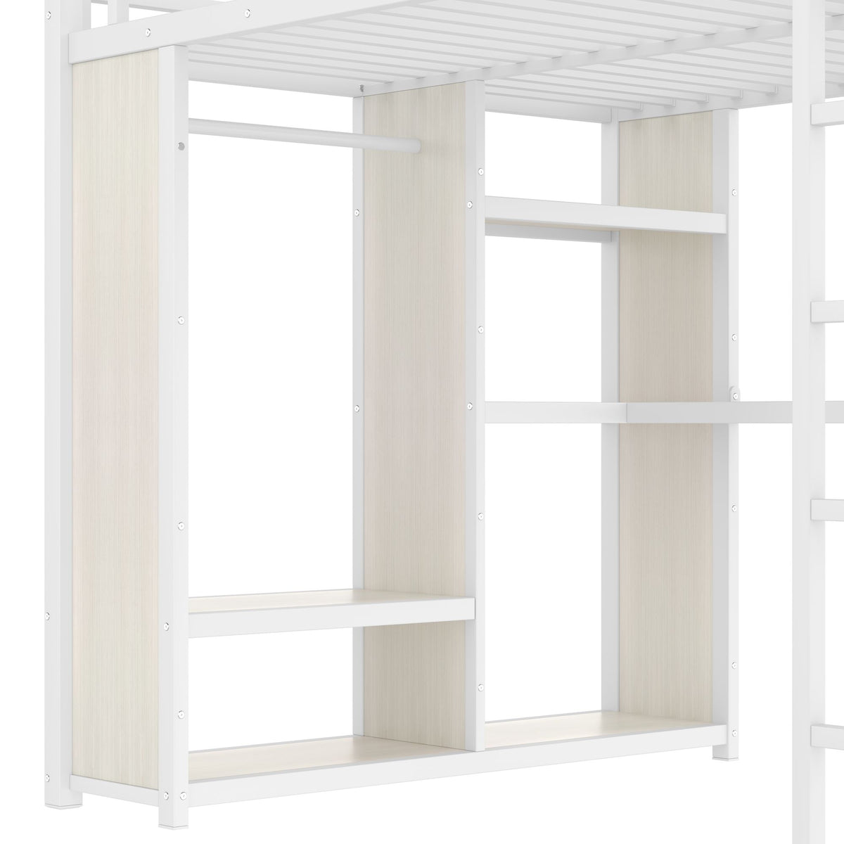 Queen Size Loft Bed with Built-In Wardrobe, Desk, and Storage Shelves