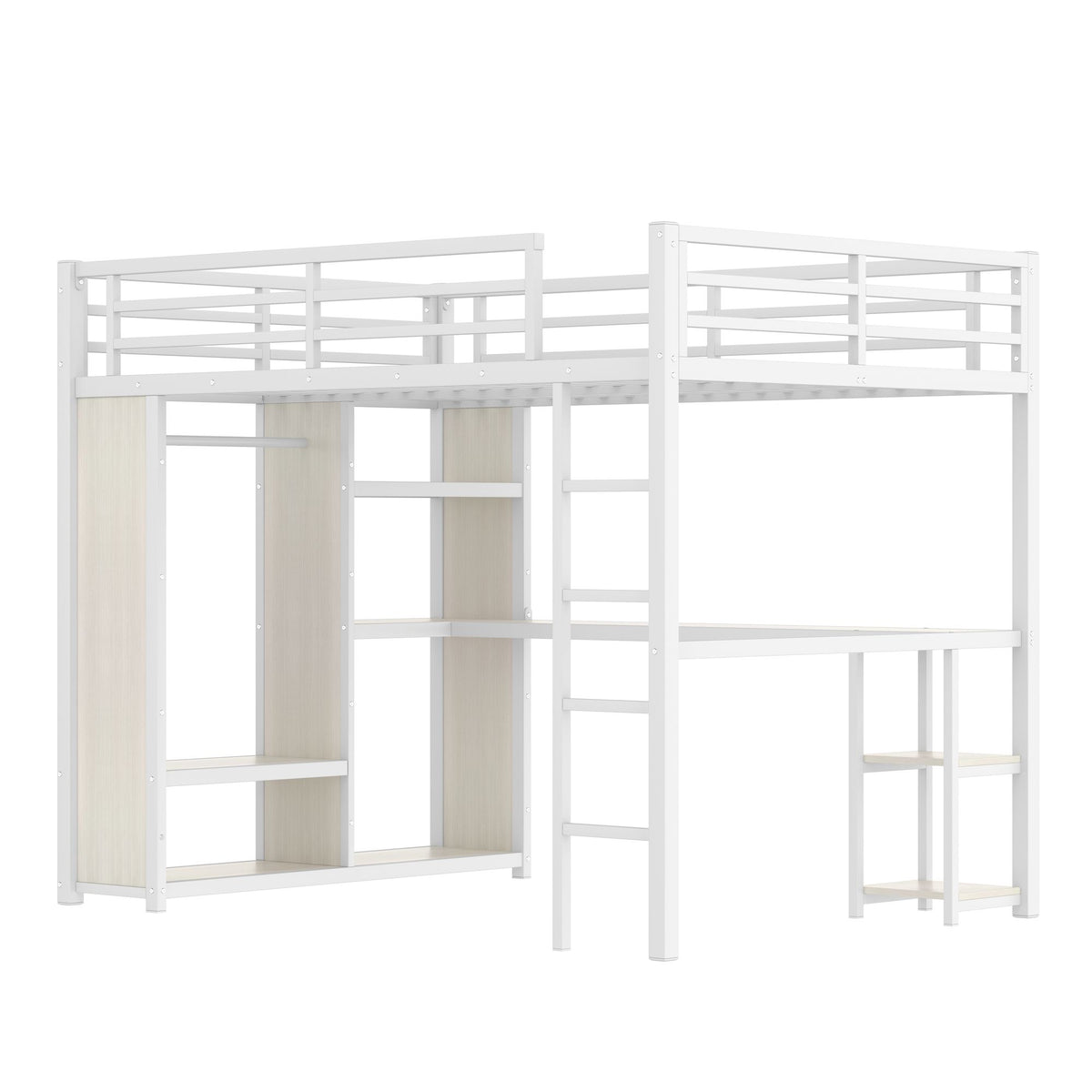Queen Size Loft Bed with Built-In Wardrobe, Desk, and Storage Shelves