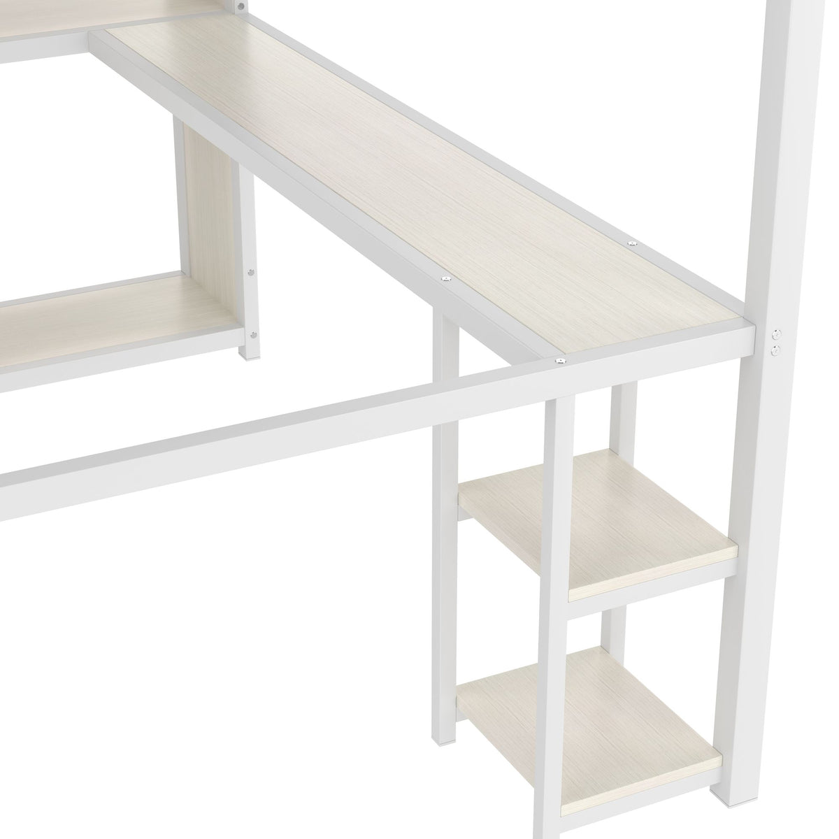 Queen Size Loft Bed with Built-In Wardrobe, Desk, and Storage Shelves