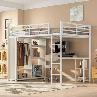 Queen Size Loft Bed with Built-In Wardrobe, Desk, and Storage Shelves