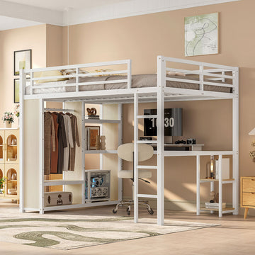 Queen Size Loft Bed with Built-In Wardrobe, Desk, and Storage Shelves